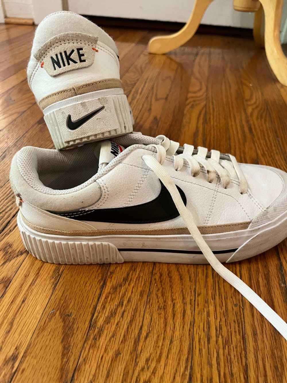 Nike Platform White Sneakers with Black Swoosh and Tan Accents
